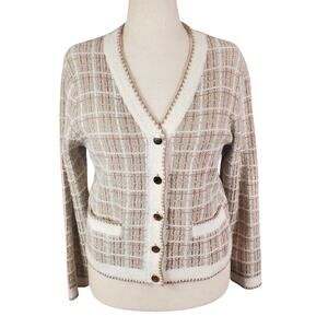 Tahari Beige Plaid Gold Buttons Pockets Monochromatic Preppy Quiet Luxury L